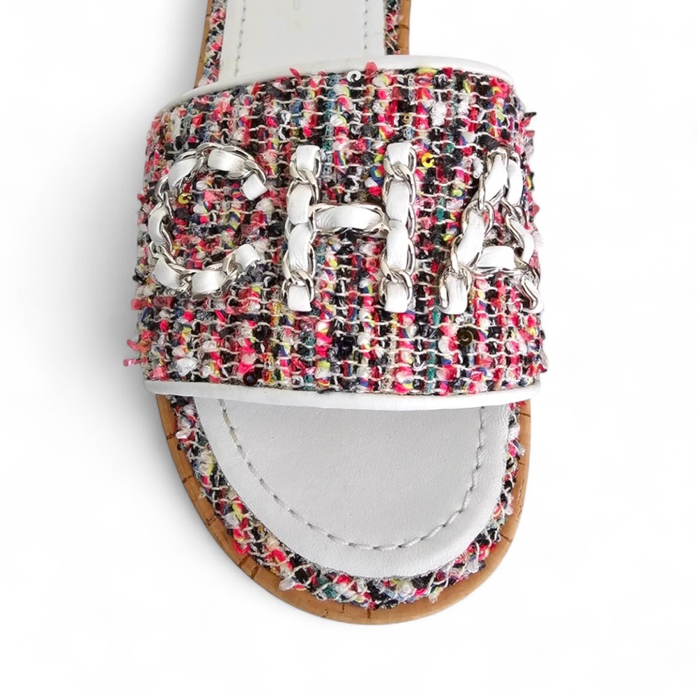 💞"CHA""NEL" Intertwined Leather Chain Tweed Mules Flats Sandals • PINK • 36.5 EU - Picture 4 of 14